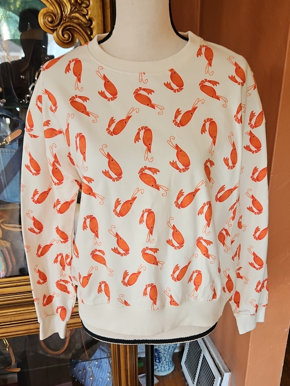 Compania Fantastics Cream Sweatshirt with Orange Shrimp Print Size M